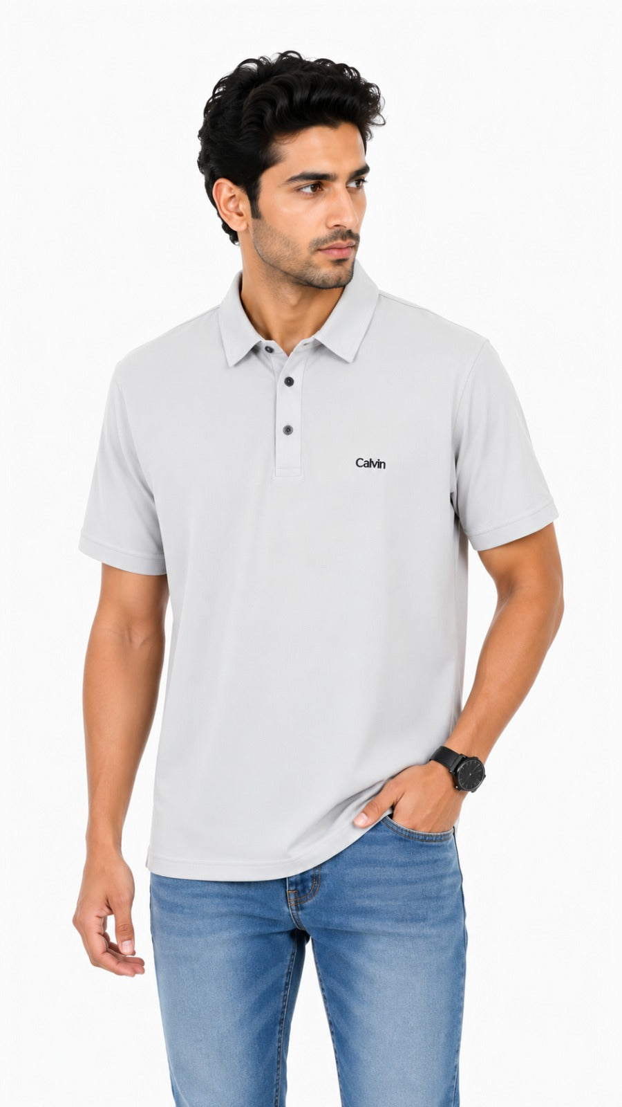 Men’s Light Grey Solid Embroidered Logo Polo Shirt