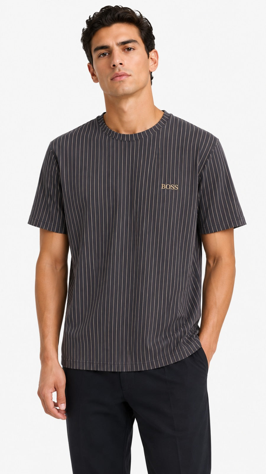 Men’s Charcoal Black Gold Vertical Pinstripe BOSS Logo T-Shirt