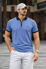 Mens Textured Light Blue Zip Polo Shirt