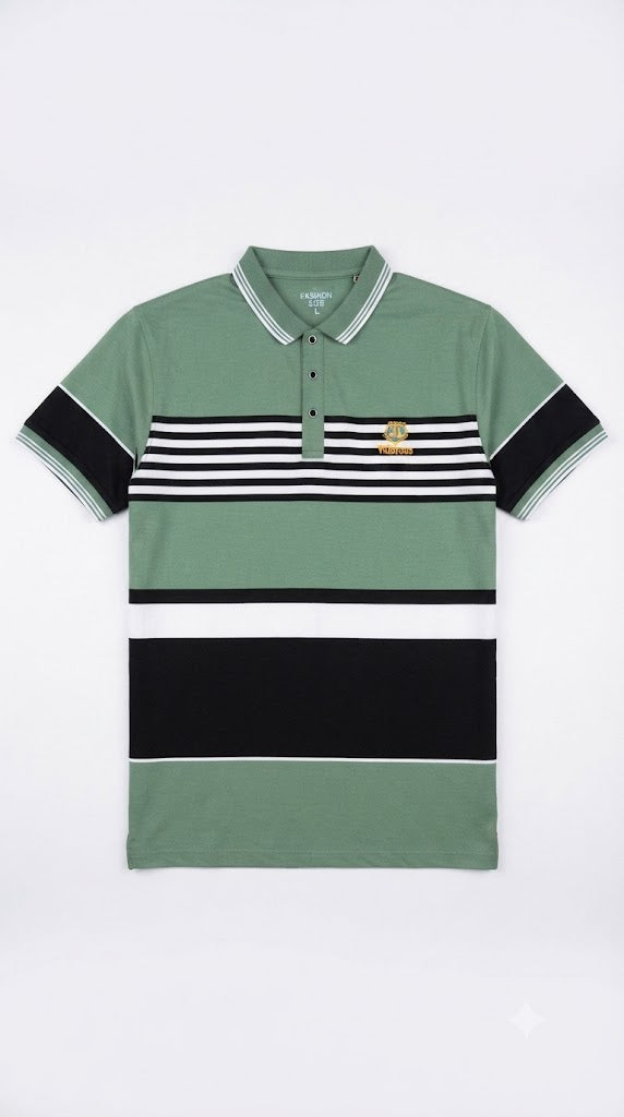 Mens Sage Green Color Block Striped Polo Shirt