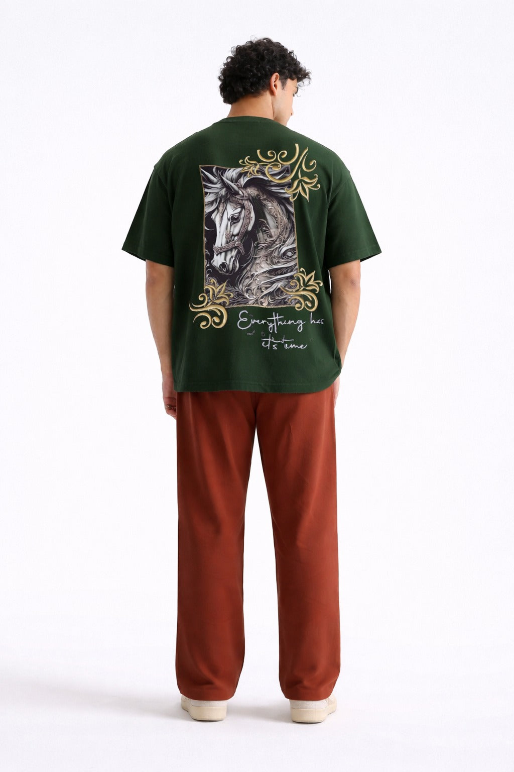 Mens Forest Green Ornate Horse Graphic Print Downshoulder T-shirt