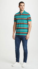 Men's Teal, Black & Orange Horizontal Striped Polo Shirt