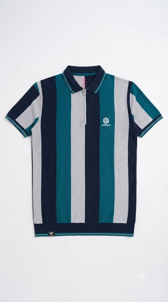 Men's Teal, Navy & Light Grey Vertical Striped Polo Shirt