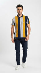 Men's Mustard Yellow, Navy & Light Grey Vertical Striped Polo Shirt