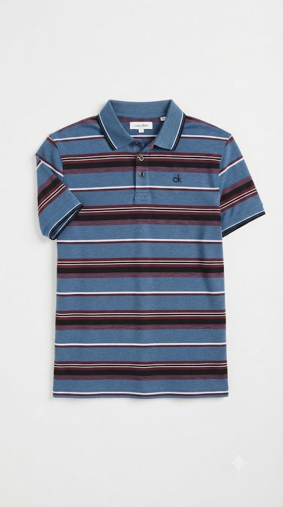 Men's Steel Blue, Maroon & Black Horizontal Striped Polo Shirt