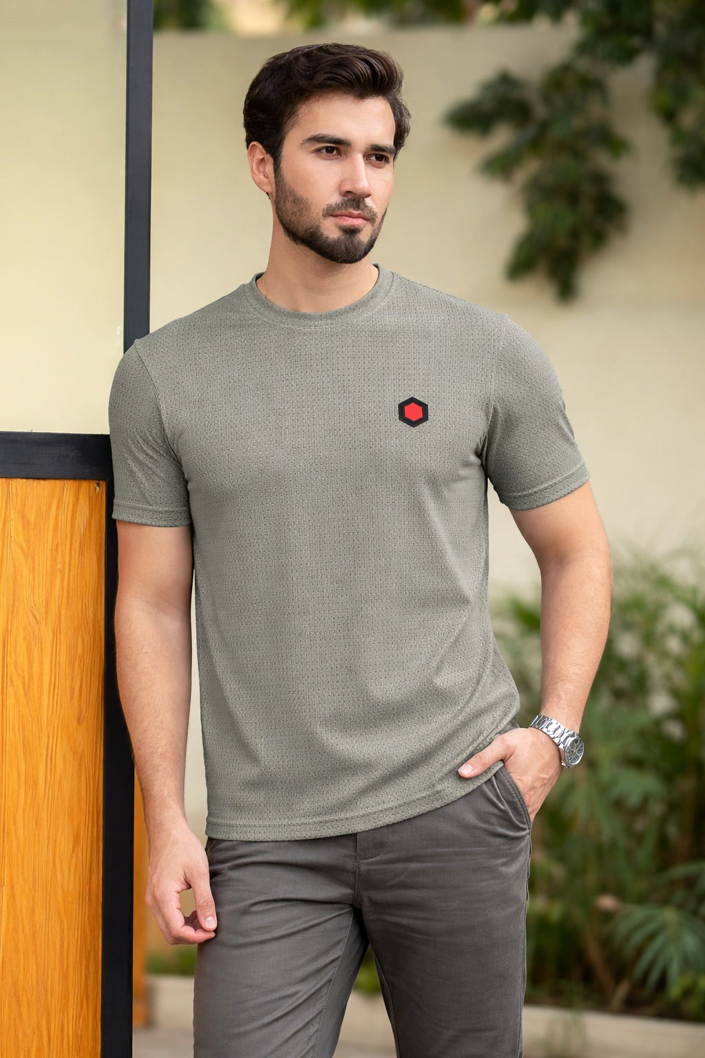 Men’s Olive Green Textured T-Shirt (Last Chance)