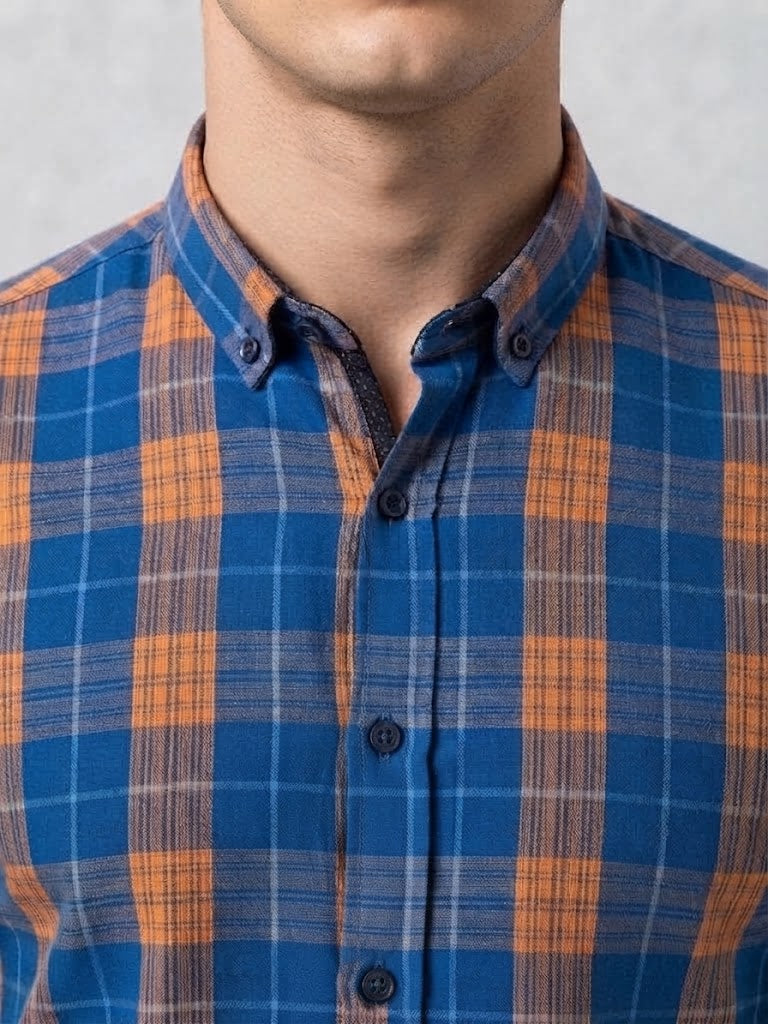 Mens Blue Orange Check Imported Casual Shirt