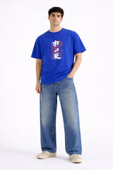 Mens Royal Blue Japanese Dragon Typography Graphic Downshoulder T-shirt