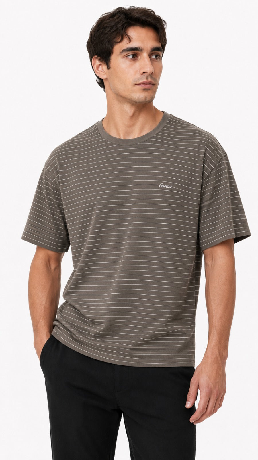 Men’s Taupe Brown Horizontal Pinstripe Cartier Logo T-Shirt