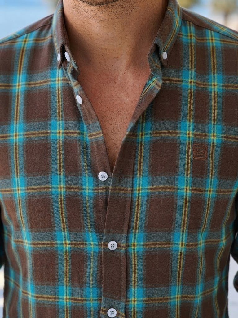 Mens Turquoise Brown Yellow Check Imported Casual Shirt