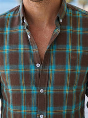 Mens Turquoise Brown Yellow Check Imported Casual Shirt