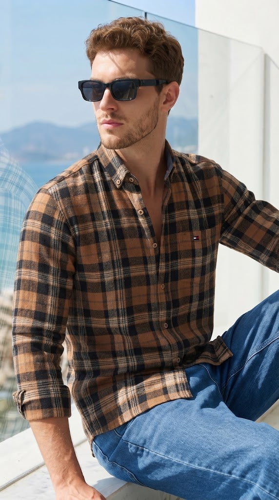 Mens Brown Navy Blue Check Imported Casual Shirt