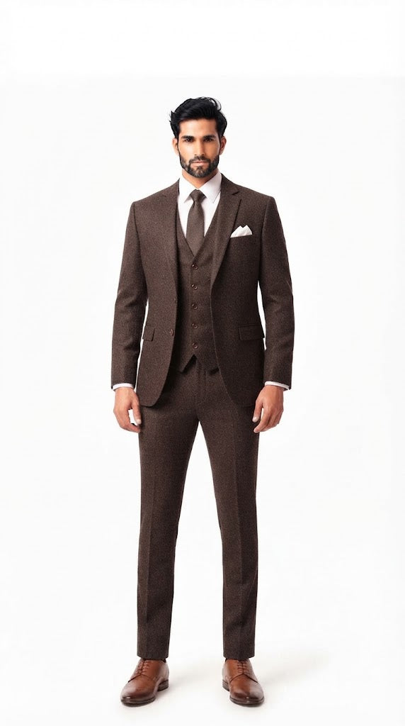 Mens Dark Brown Textured 3 Pc Suit