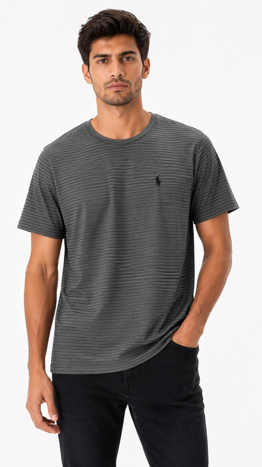 Men’s Charcoal Grey Horizontal Micro-Stripe Polo Ralph Lauren Logo T-Shirt