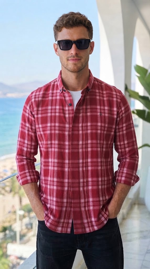 Mens Dark Red Check Imported Casual Shirt