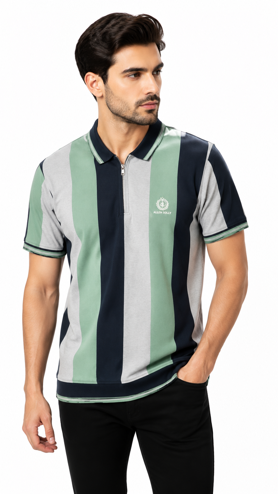 Men's Sage Green, Navy & Light Grey Vertical Striped Polo Shirt