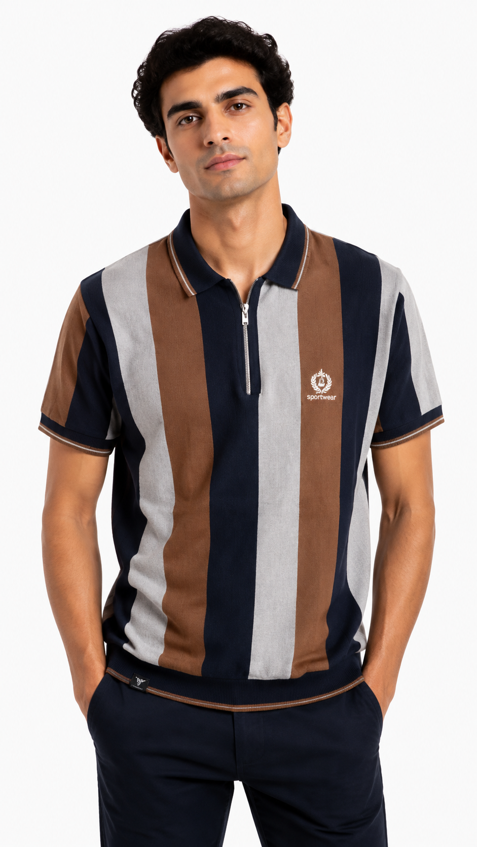 Men's Brown, Navy & Light Grey Vertical Striped Polo Shirt