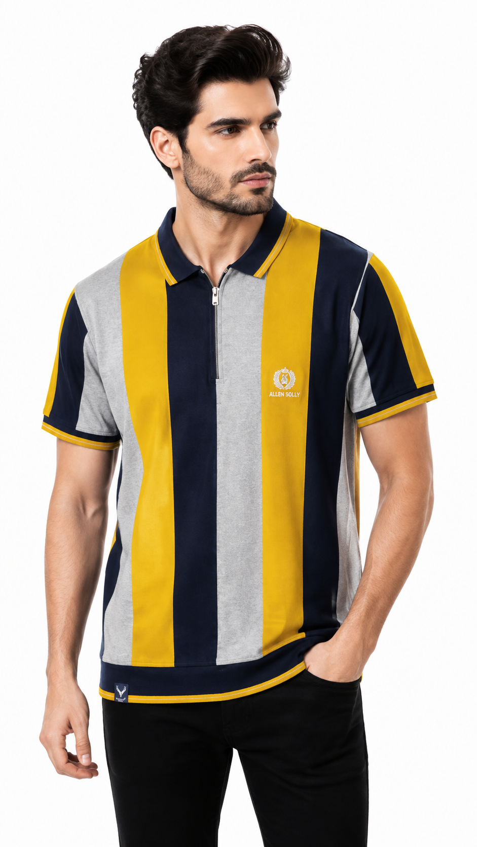 Men's Mustard Yellow, Navy & Light Grey Vertical Striped Polo Shirt