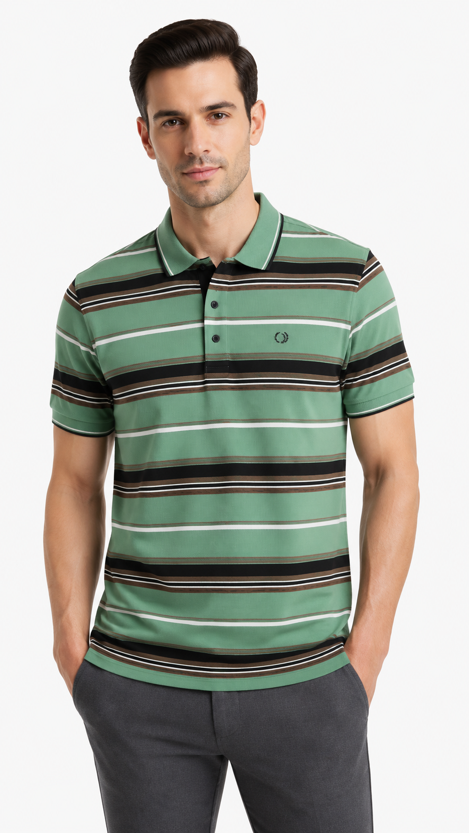 Men's Sage Green, Brown & Black Horizontal Striped Polo Shirt