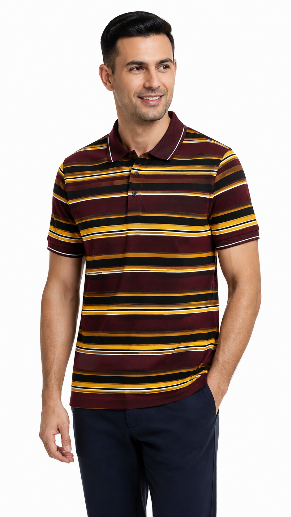 Men's Maroon, Mustard Yellow & Black Horizontal Striped Polo Shirt