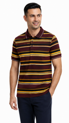 Men's Maroon, Mustard Yellow & Black Horizontal Striped Polo Shirt