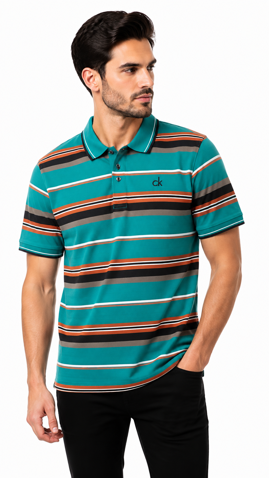 Men's Teal, Black & Orange Horizontal Striped Polo Shirt