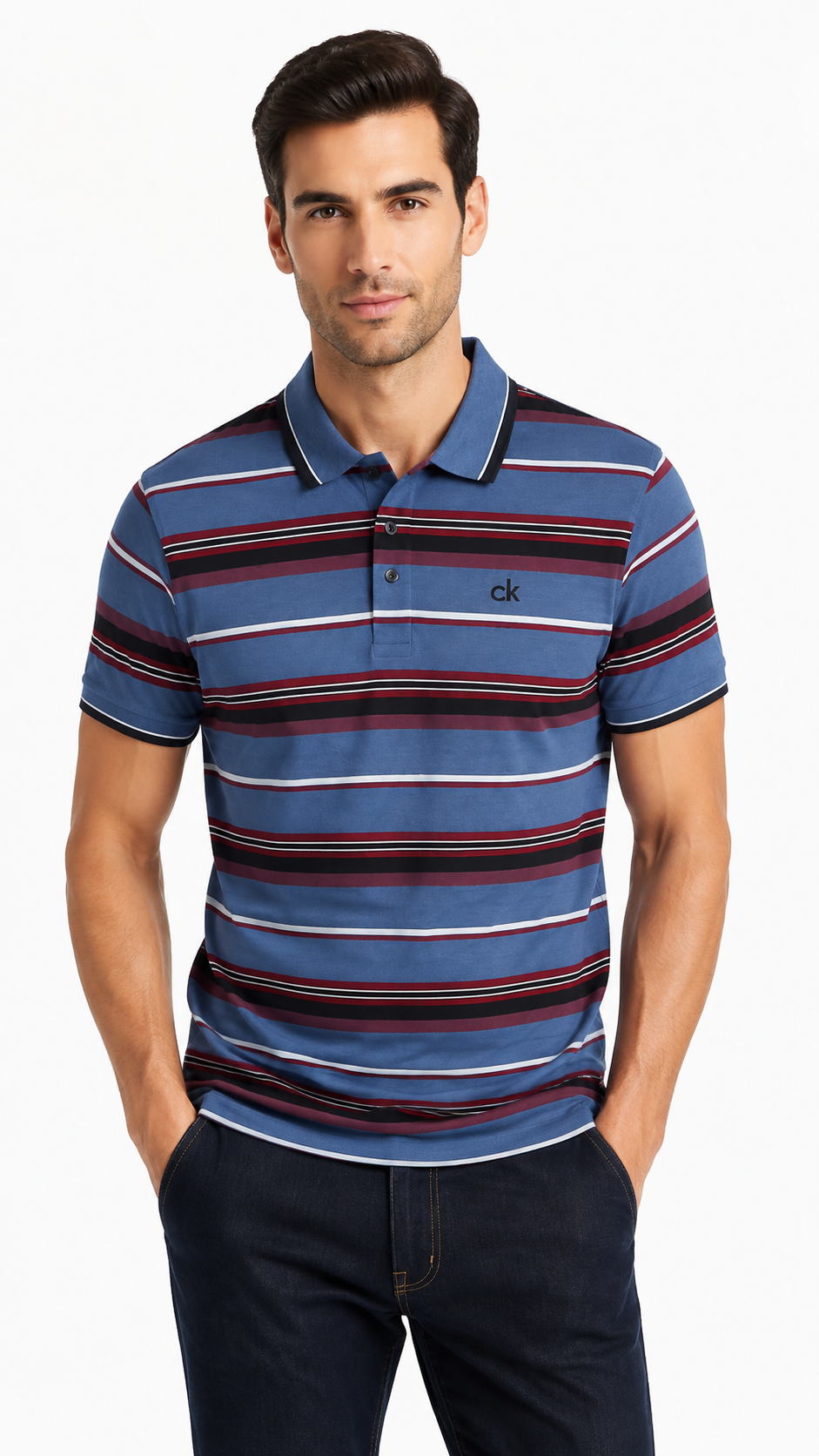 Men's Steel Blue, Maroon & Black Horizontal Striped Polo Shirt