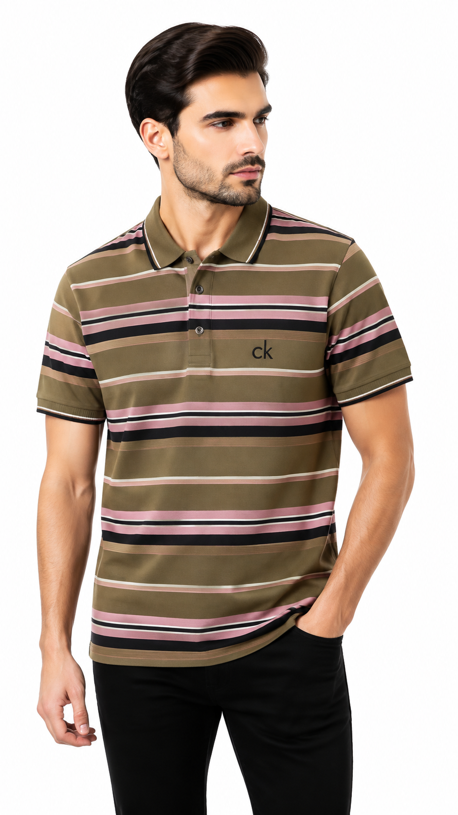 Men's Olive Green, Pink & Black Horizontal Striped Polo Shirt