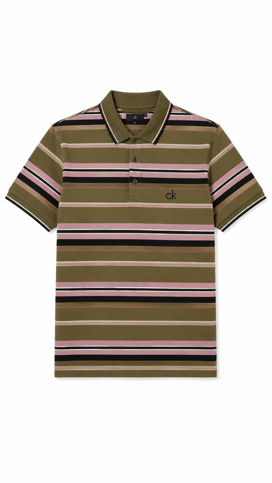 Men's Olive Green, Pink & Black Horizontal Striped Polo Shirt