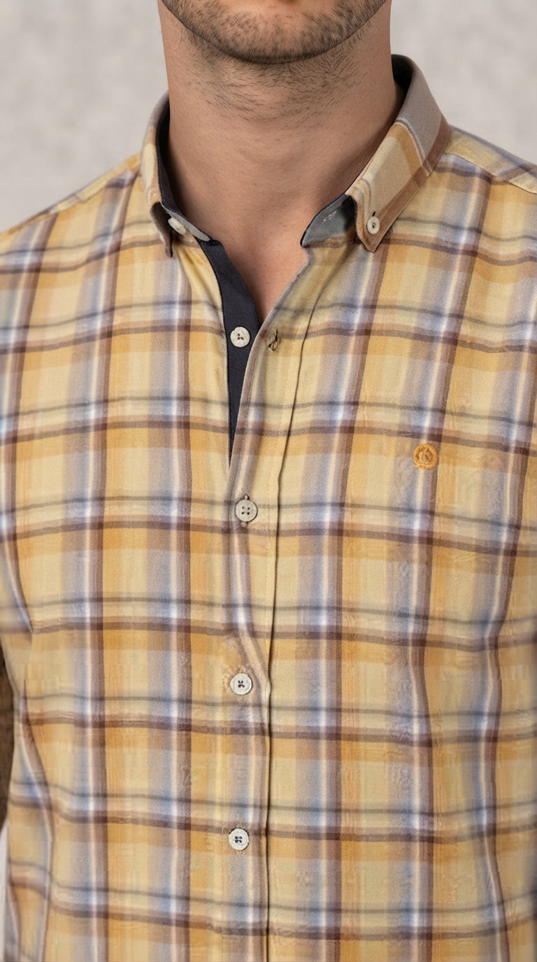 Mens Yellow Grey Check Imported Casual Shirt