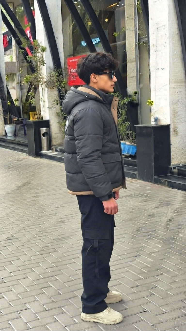 Mens Black Hooded Pocket Style Imported Puffer Jacket