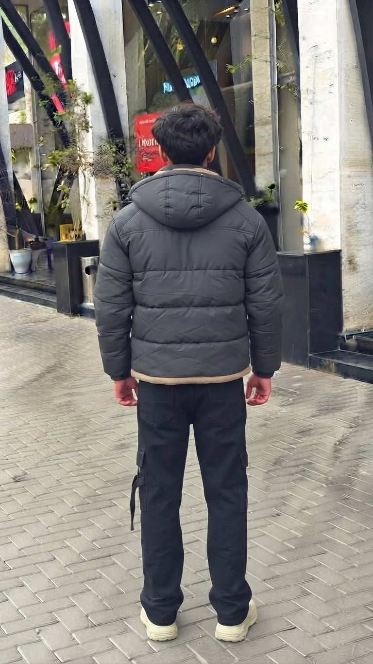 Mens Black Hooded Pocket Style Imported Puffer Jacket