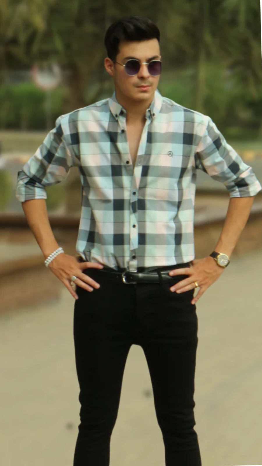 Men sky and gray checkered casual shirt