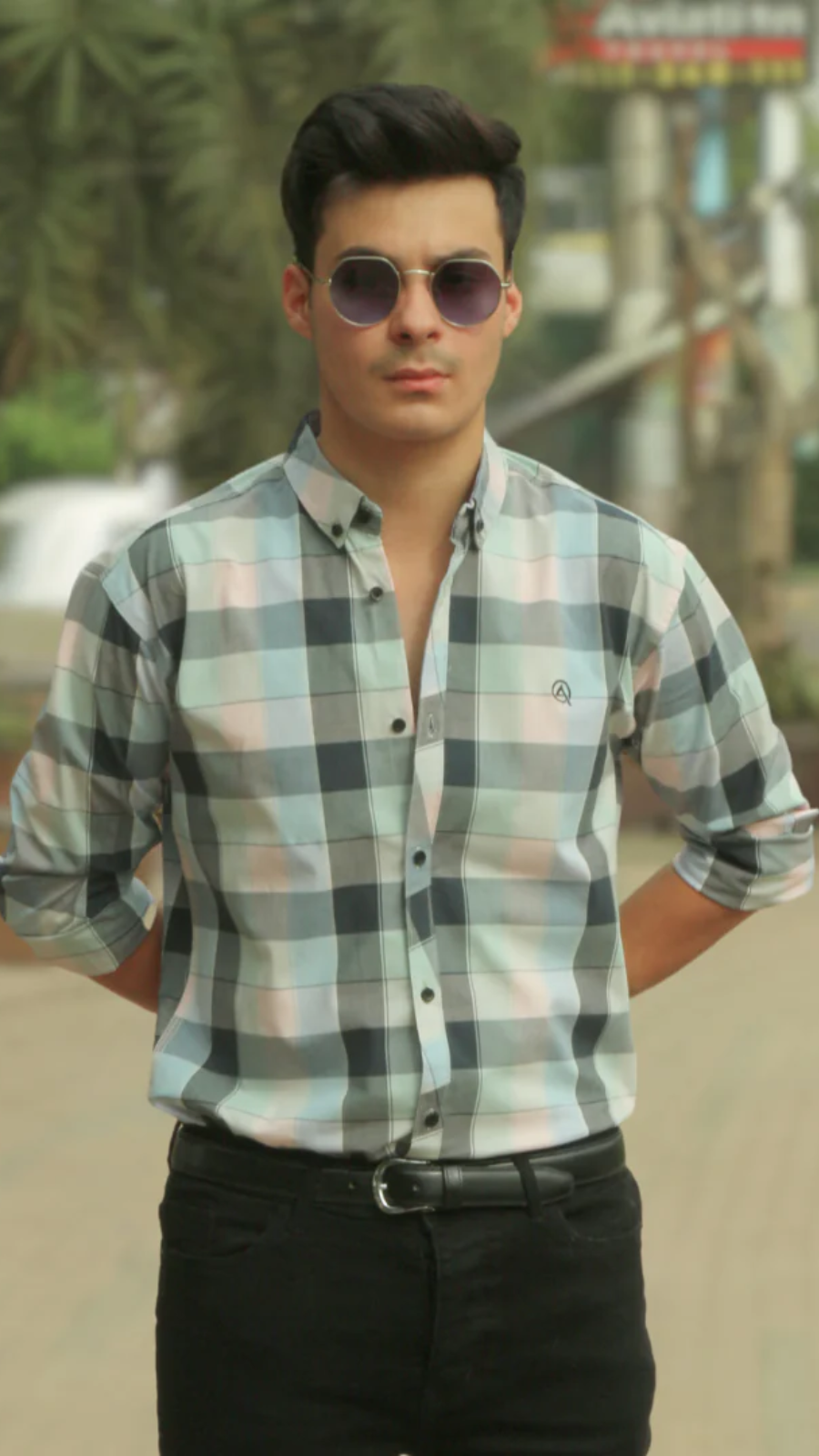 Men sky and gray checkered casual shirt