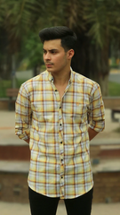 Men yellow and white checkered casual shirt