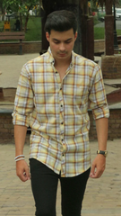 Men yellow and white checkered casual shirt
