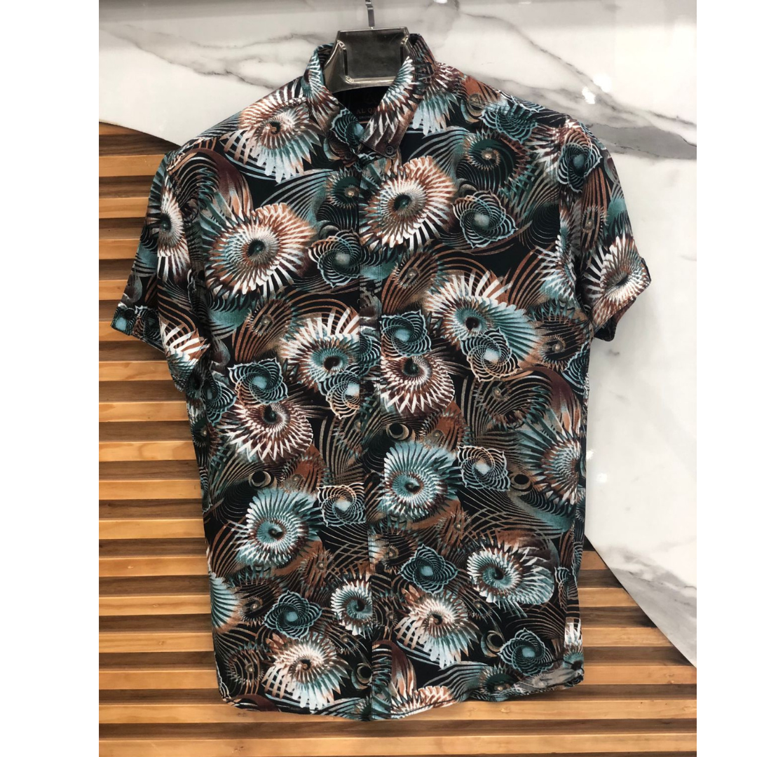 Men Sea Green all over print linen shirt