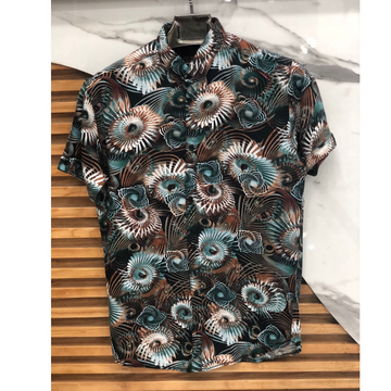 Men Sea Green all over print linen shirt