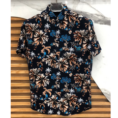 Men Black Island tress All Over print linen shirt