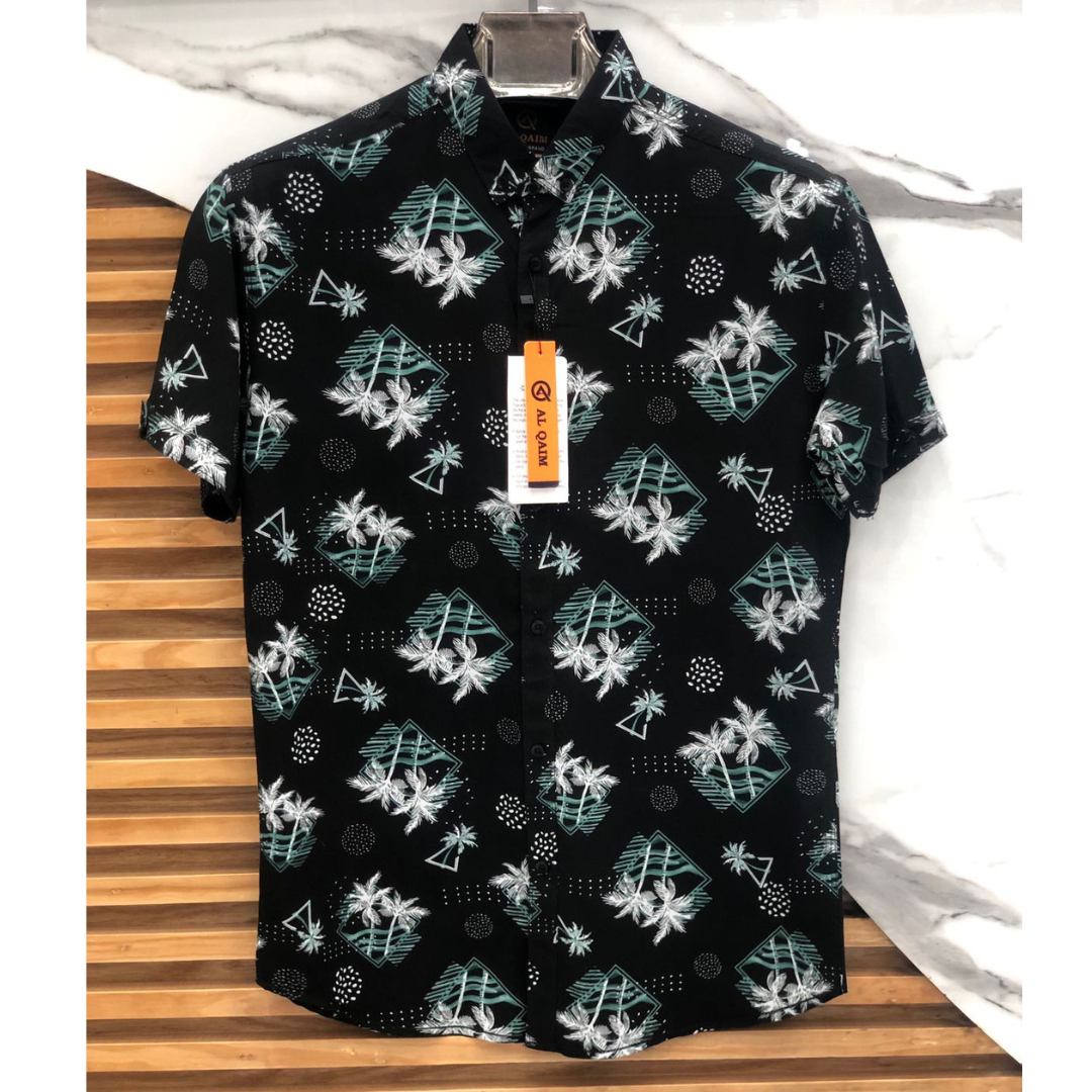 Men Sea green Island Trees All over print Linen shirt