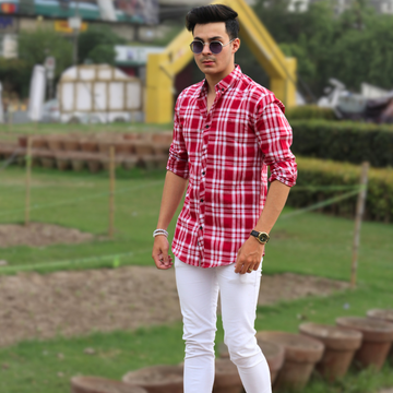 Men red white checkered casual shirt