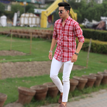 Men red white checkered casual shirt