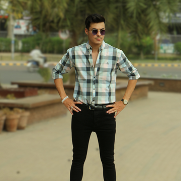 Men sky and gray checkered casual shirt