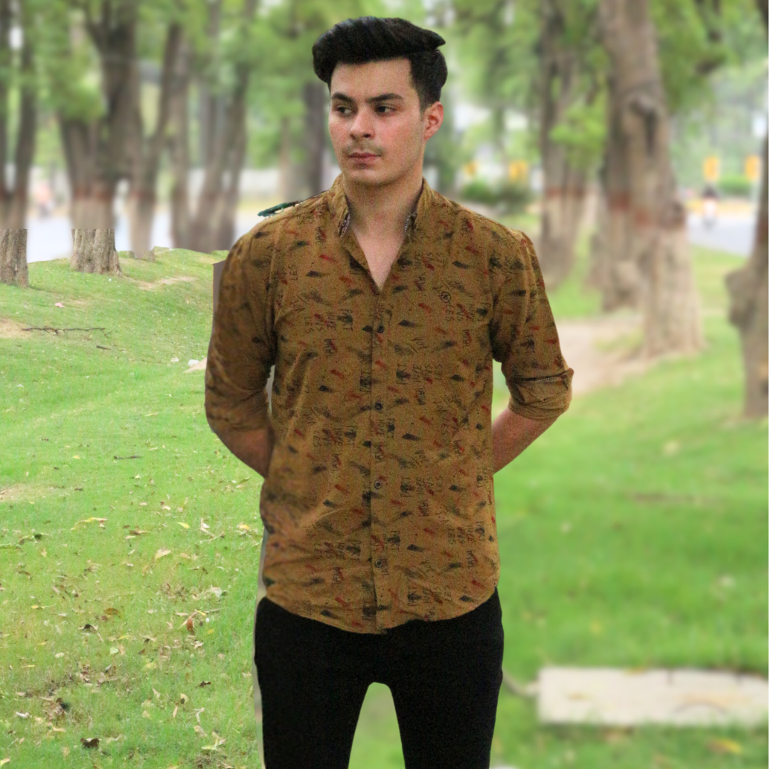 Men brown printed stretchable casual shirt