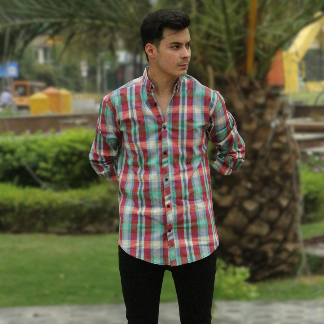 Men red and sea green checkered casual shirt