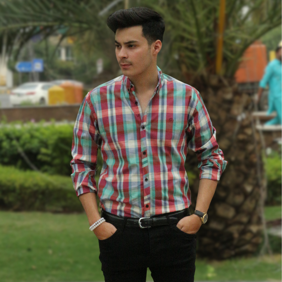 Men red and sea green checkered casual shirt