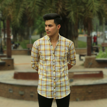 Men yellow and white checkered casual shirt