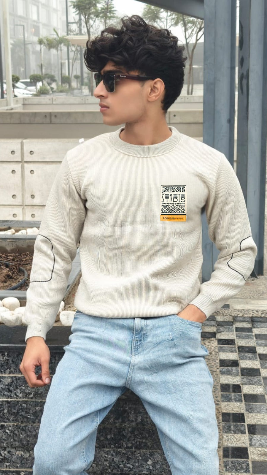 Mens imported white patch sweater