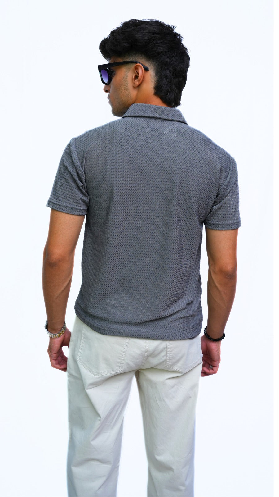 Men's gray waffle textured imported polo shirt