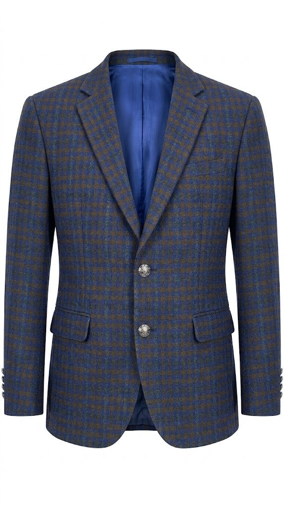 Men's Blue and Brown Check Imported Wool Casual Coat